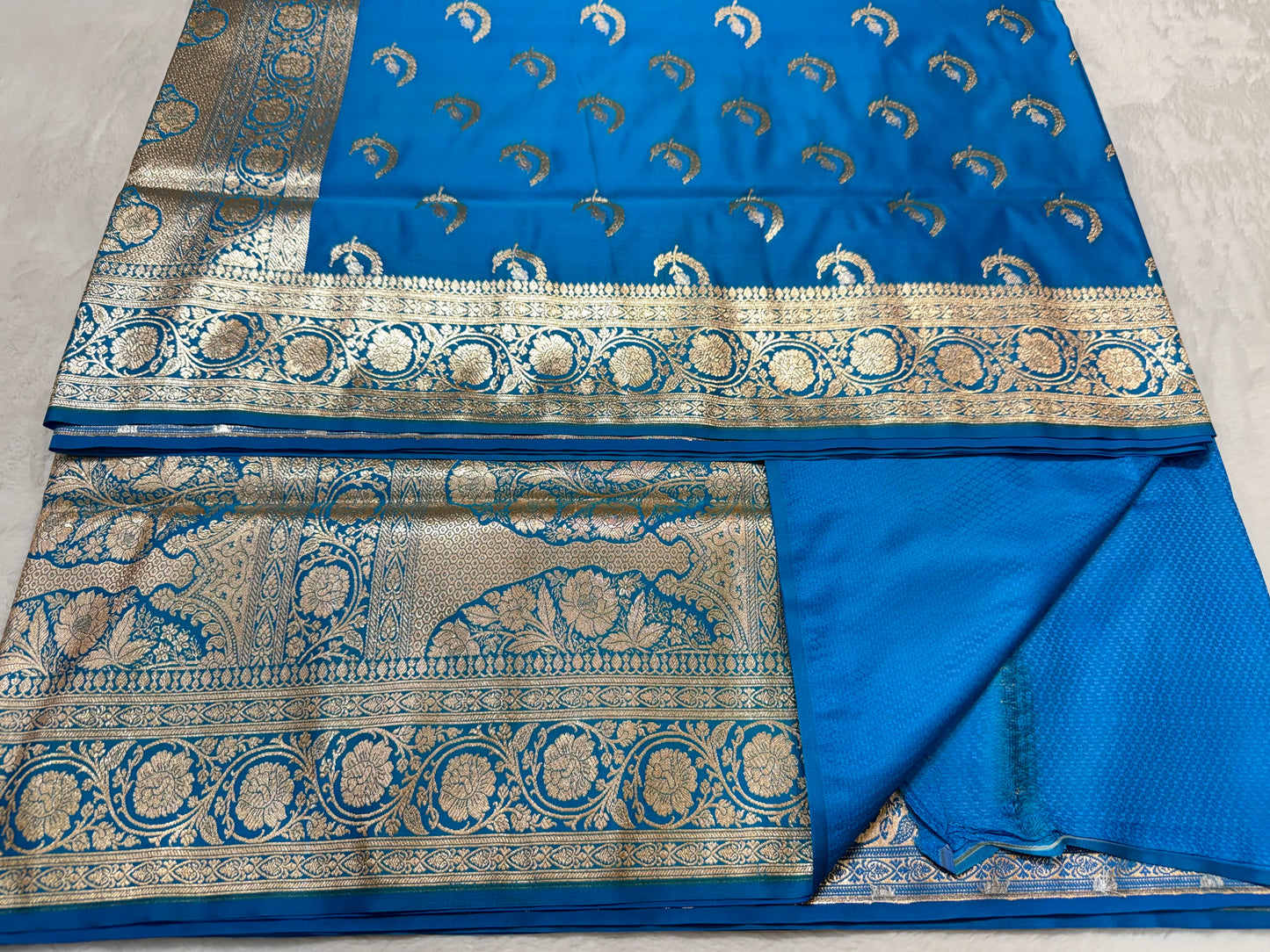 German blue shade satan katan premium Banarasi silk Saree