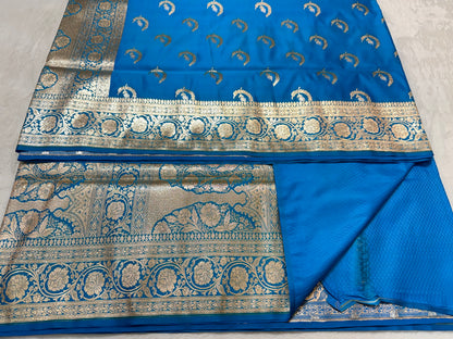 German blue shade satan katan premium Banarasi silk Saree