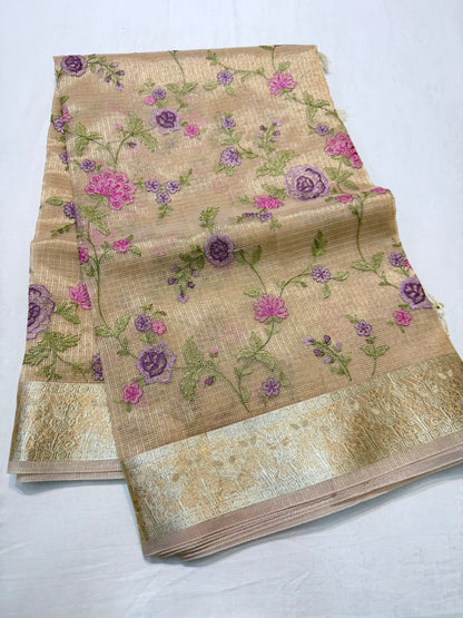Beige shade tissue kota embroidery primum Banarasi saree
