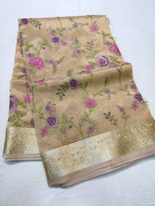 Beige shade tissue kota embroidery primum Banarasi saree