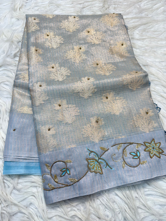 Silver shade tissue kota handwork premium Banarasi saree