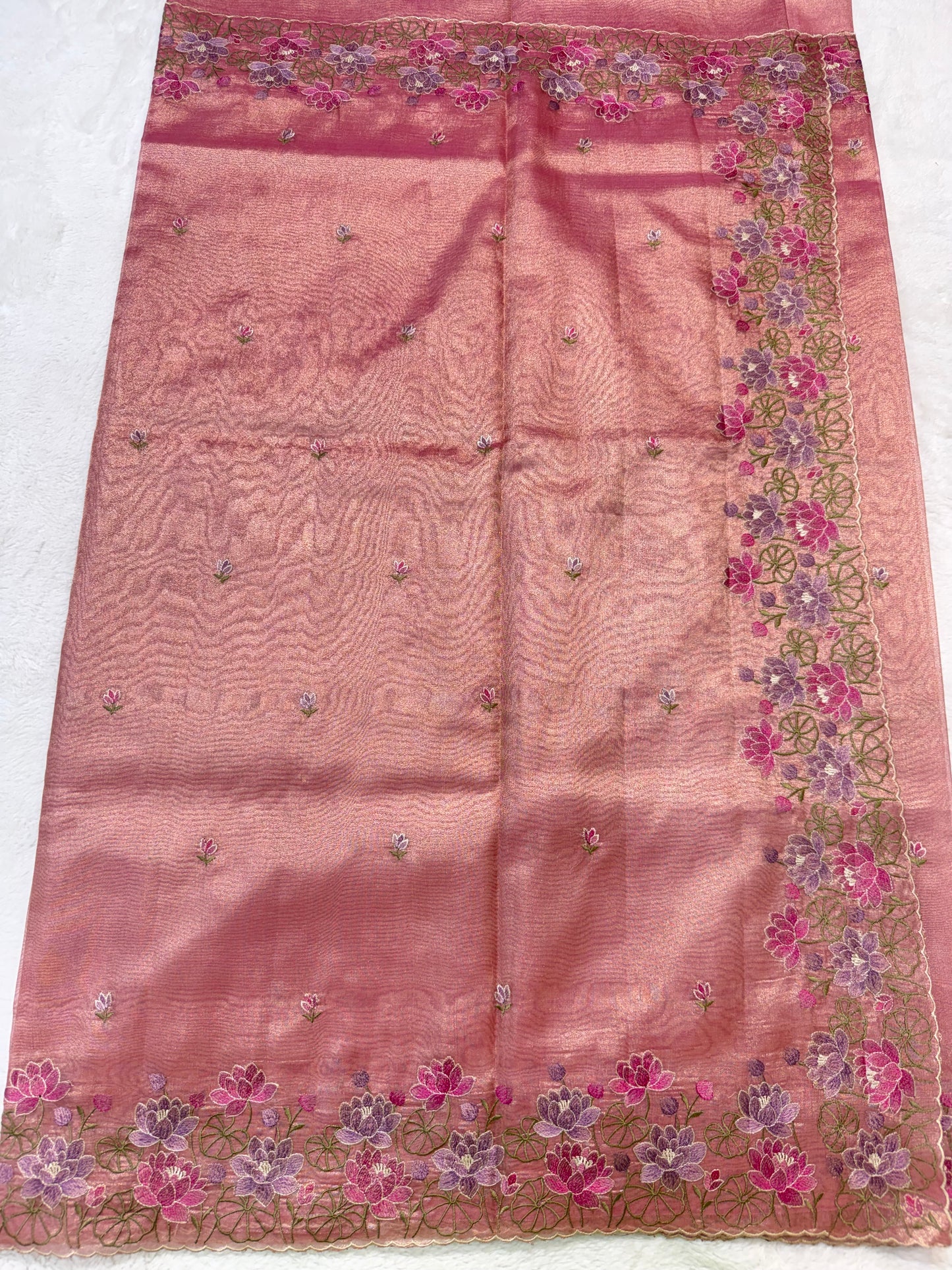 Pink shade tissue cutwork embroidery premium designer Banarasi saree