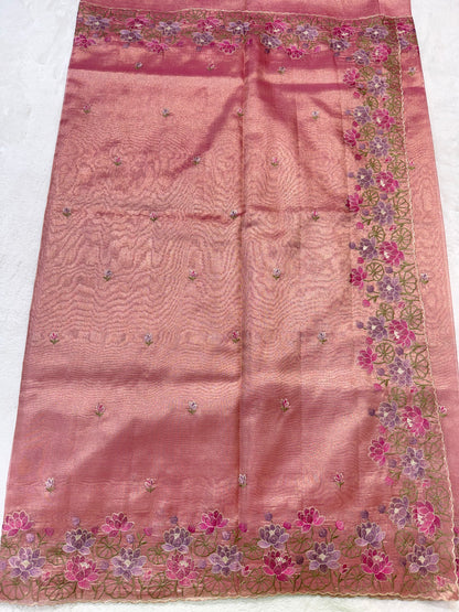Pink shade tissue cutwork embroidery premium designer Banarasi saree