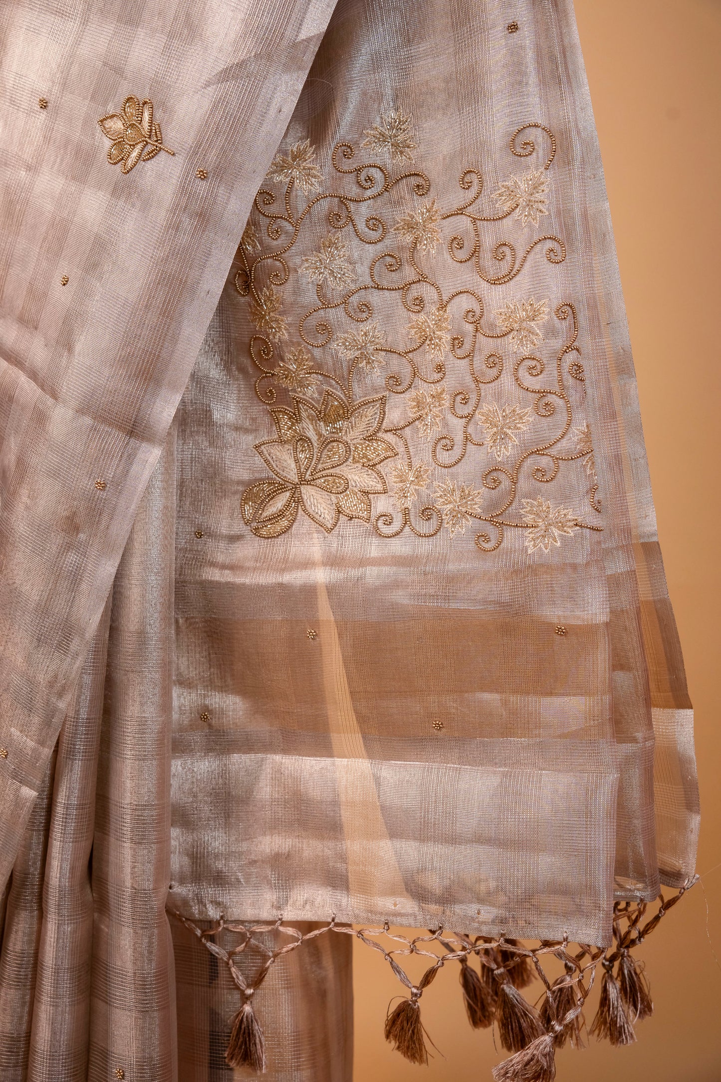 Beige shade tissue kota designer hand work Banarasi saree
