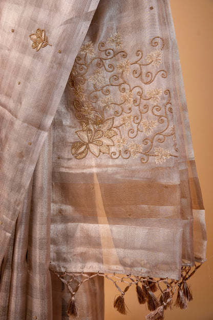 Beige shade tissue kota designer hand work Banarasi saree