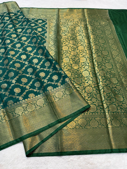 Bottle green  shade  Dupion Silk premium Banarasi Saree