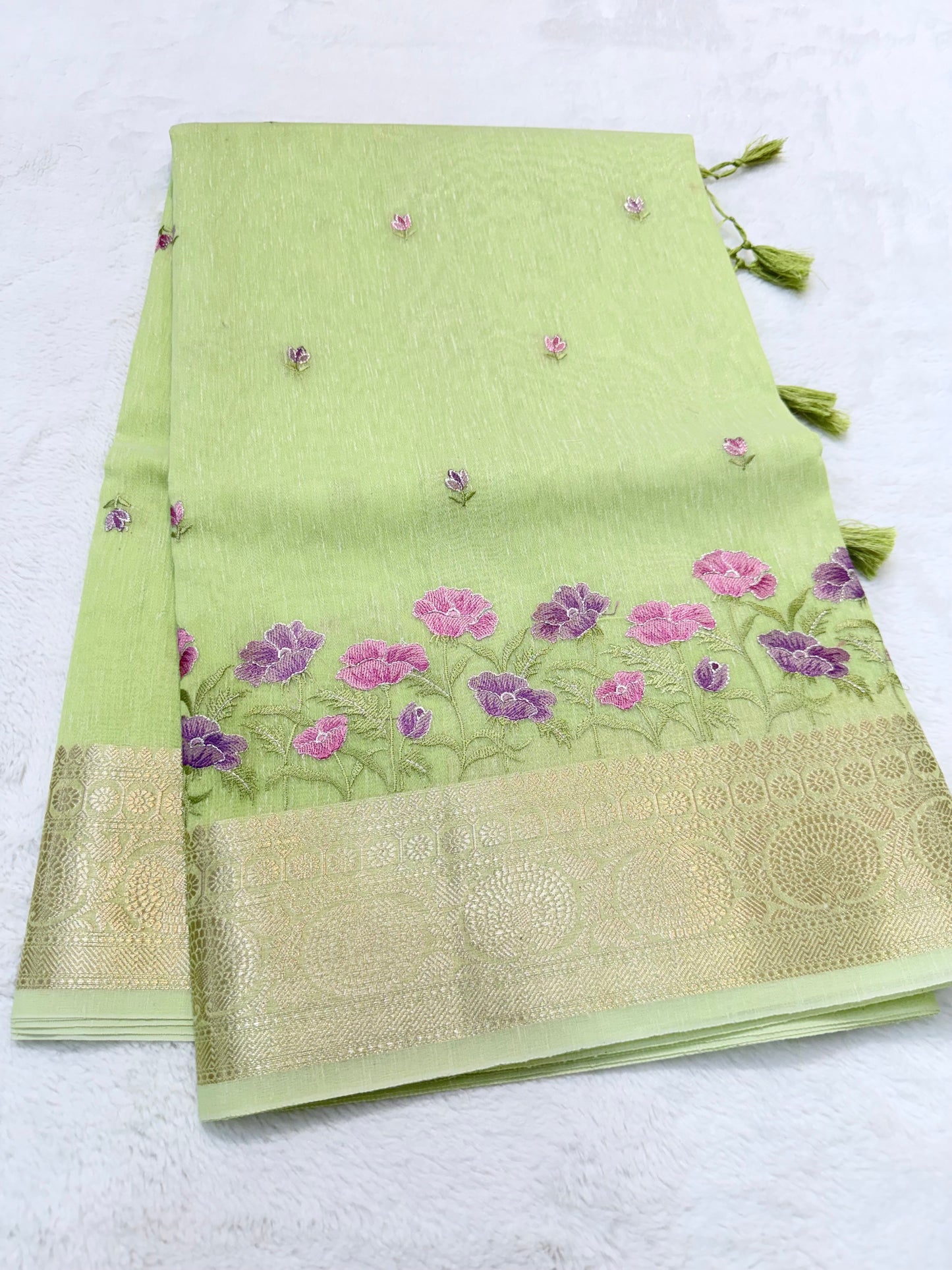 Pista green shade linen embroidery Banarasi saree
