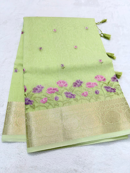 Pista green shade linen embroidery Banarasi saree