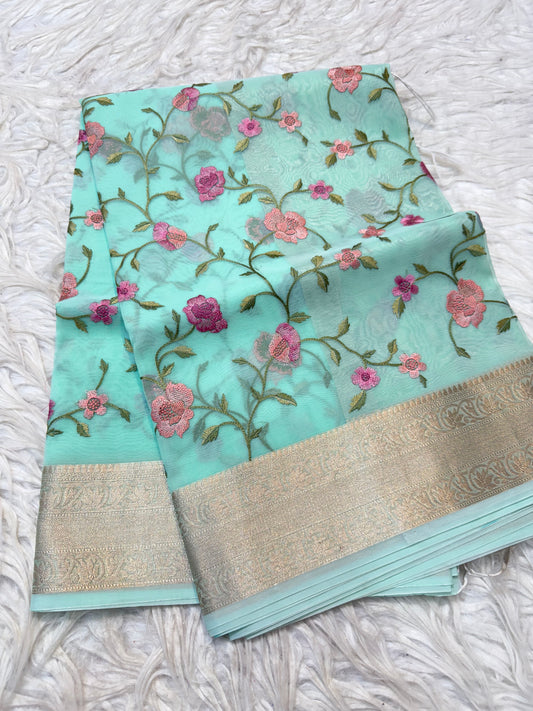 Turquoise shade organza embroidery Banarasi saree