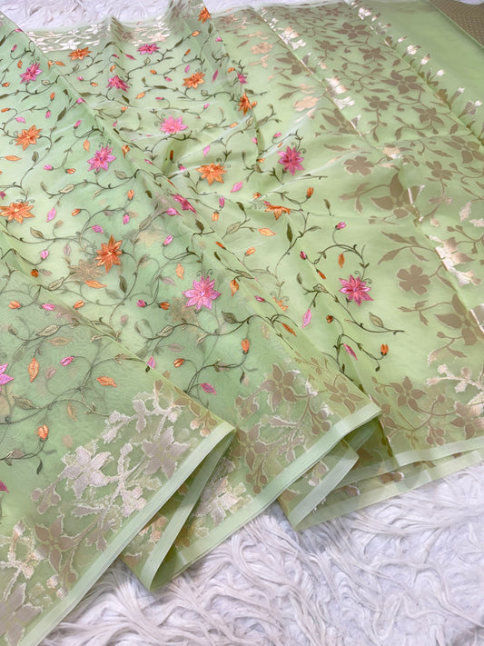 Pista green shade kora organza  embroidery Banarasi saree