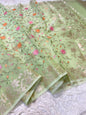 Pista green shade kora organza  embroidery Banarasi saree