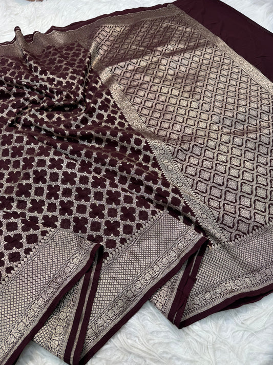 Wine shade khaddi georgatte premium Banarasi saree