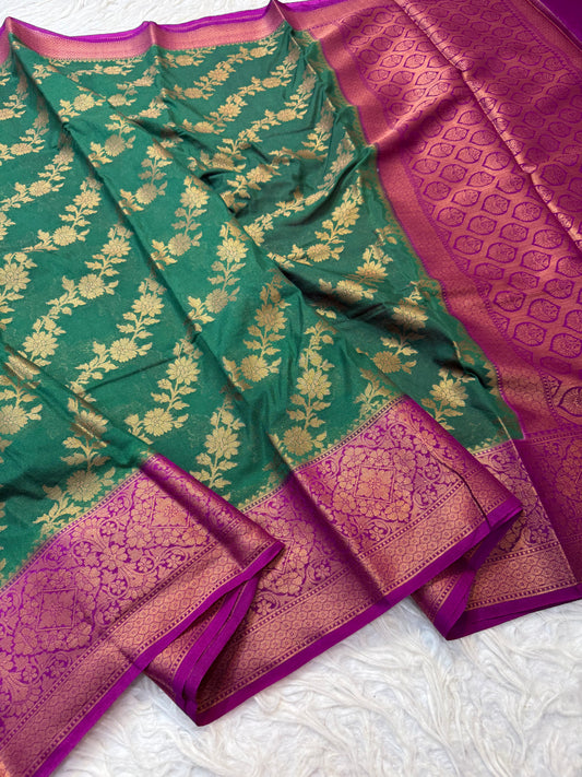 Bottle green & magenta shade georgette Banarasi saree