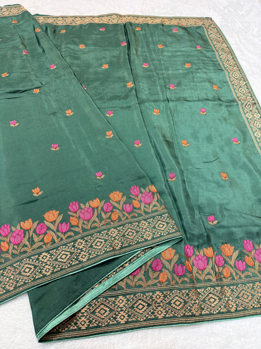 Bottle green shade viscose embroidery premium designer  saree
