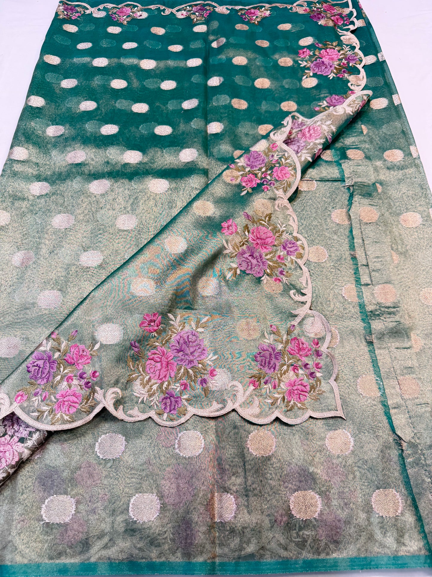 Sea green tissue cutwork embroidery premium designer Banarasi saree