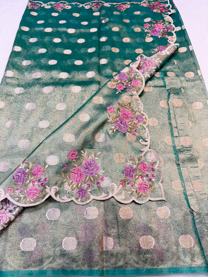 Sea green tissue cutwork embroidery premium designer Banarasi saree