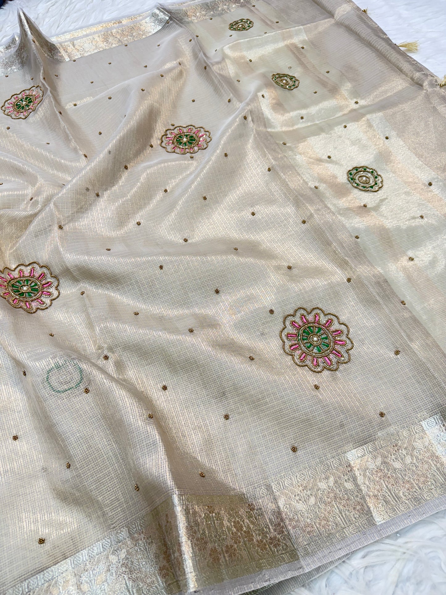 Silver shade tissue kota designer handwork premium Banarasi saree