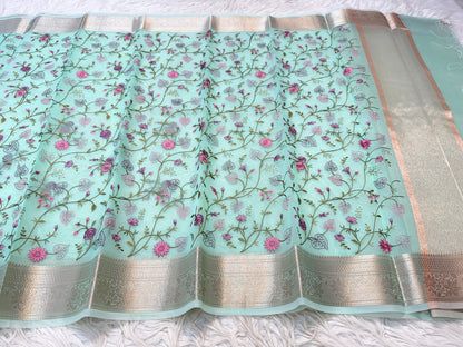 Turquoise shade organza embroidery Banarasi saree