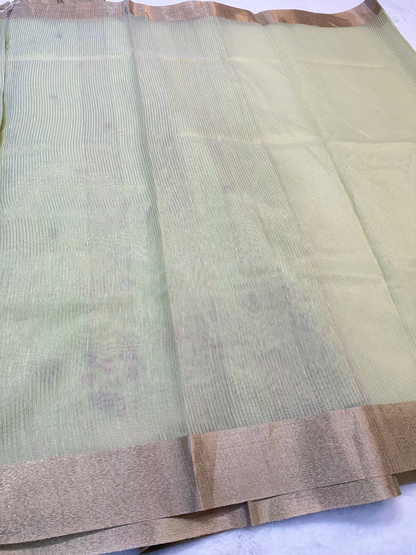 Pista green shade linen embroidery premium Banarasi saree