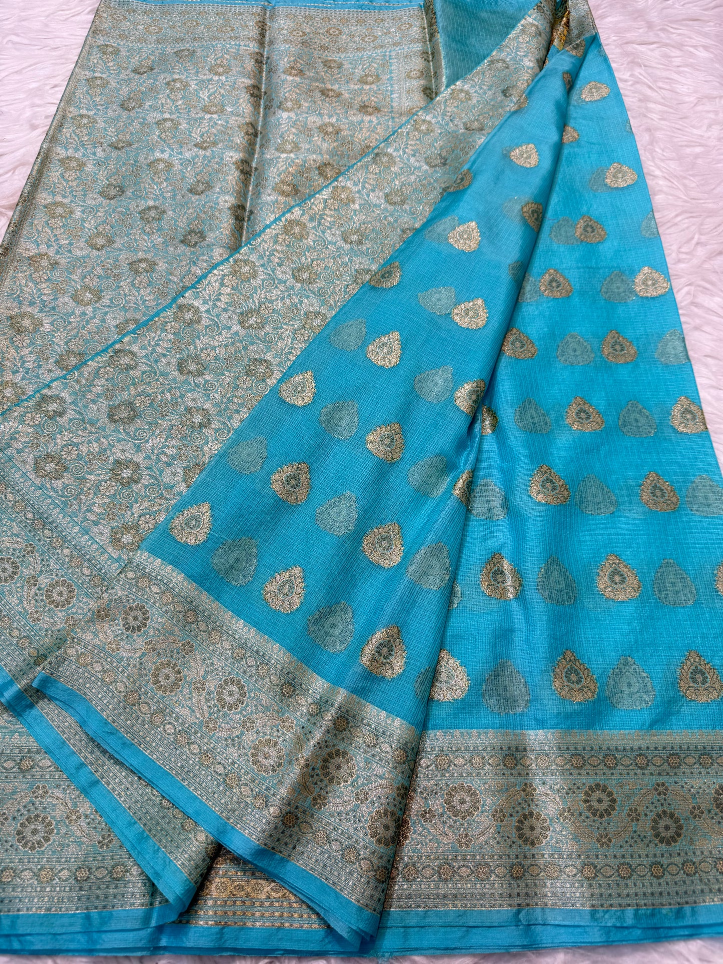 Firozi shade kota silk premium Banarasi saree