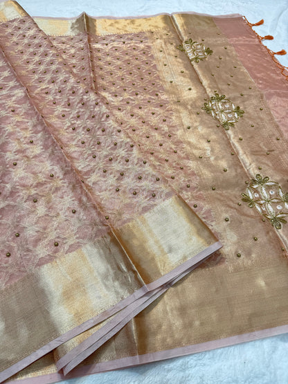 Peach tissue kota designer handwork premium Banarasi saree