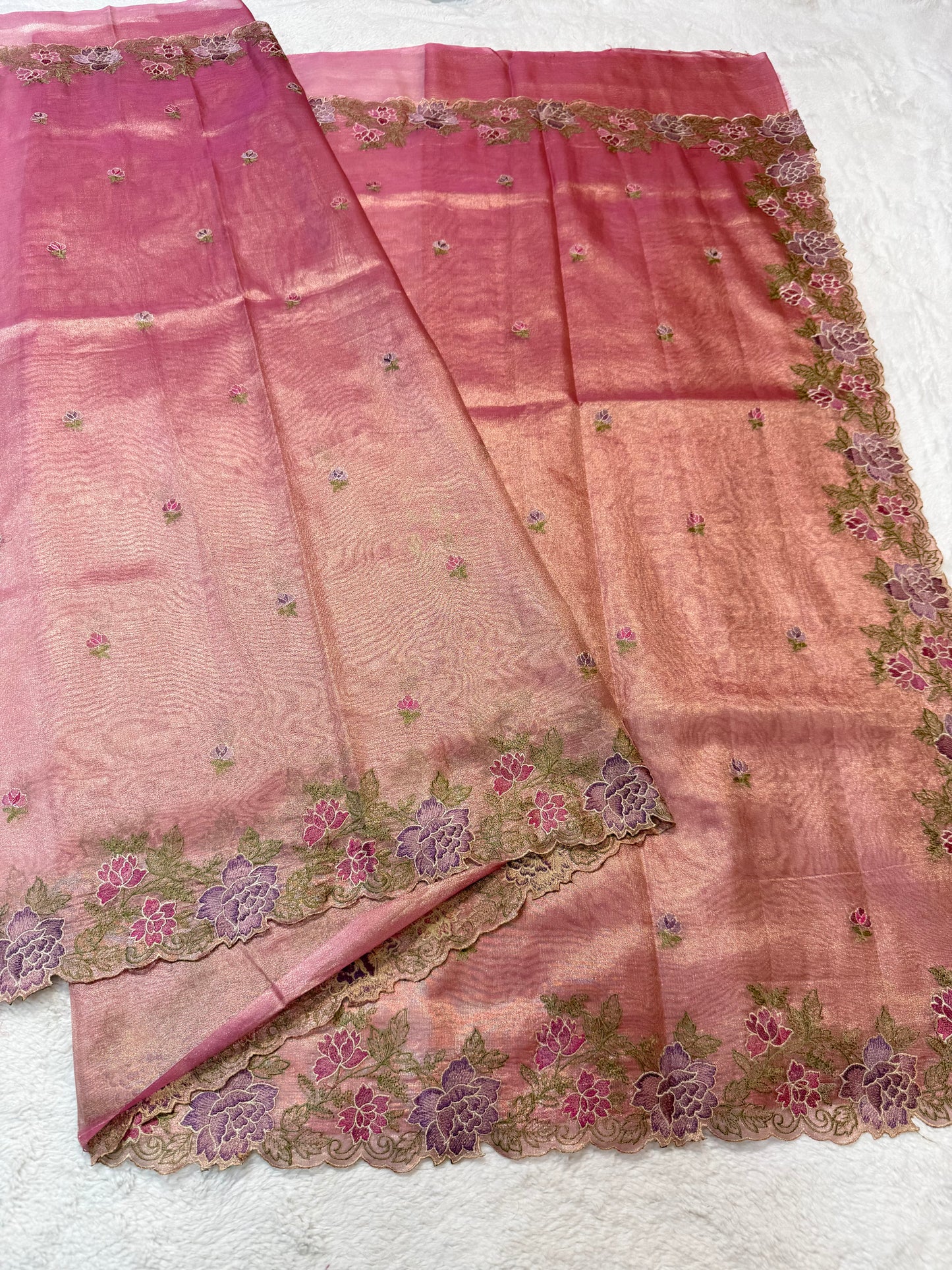 Pink shade tissue cutwork embroidery premium designer Banarasi saree