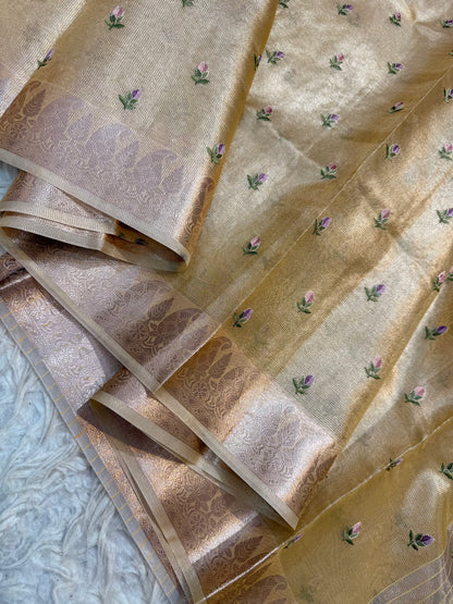 Gold shade tissue kota embroidery primum Banarasi saree
