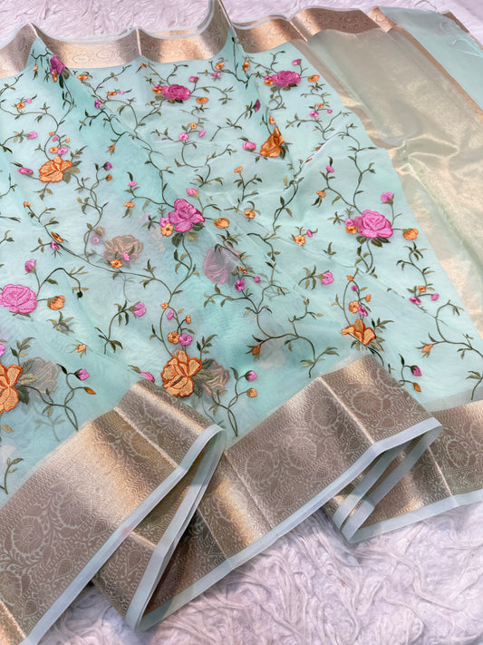 Turquoise shade organza embroidery Banarasi saree