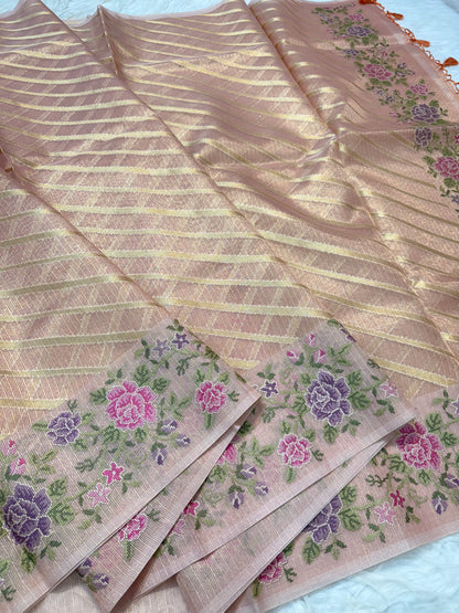 Peach shade tissue kota embroidery primum Banarasi saree