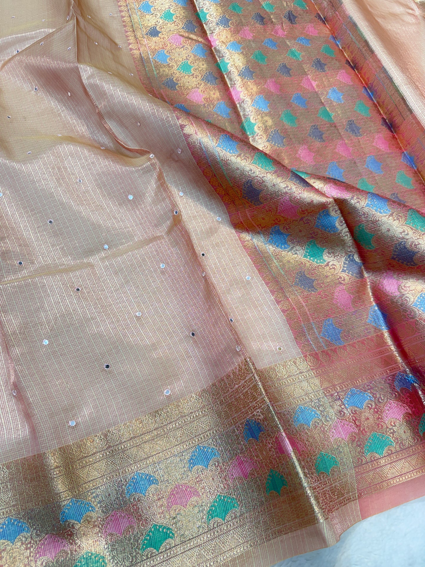 Rose Gold shade tissue kota mirror work premium Banarasi saree