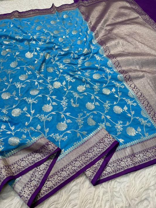 Powder blue magenta shade khaddi georgatte premium Banarasi saree
