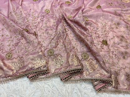 Pink shade tissue ari & zardosi work designer premium Banarasi saree