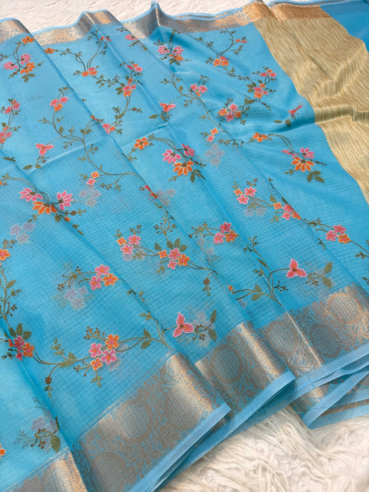 Sky blue shade kota embroidery Banarasi saree