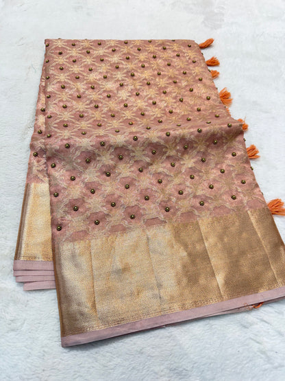 Peach tissue kota designer handwork premium Banarasi saree
