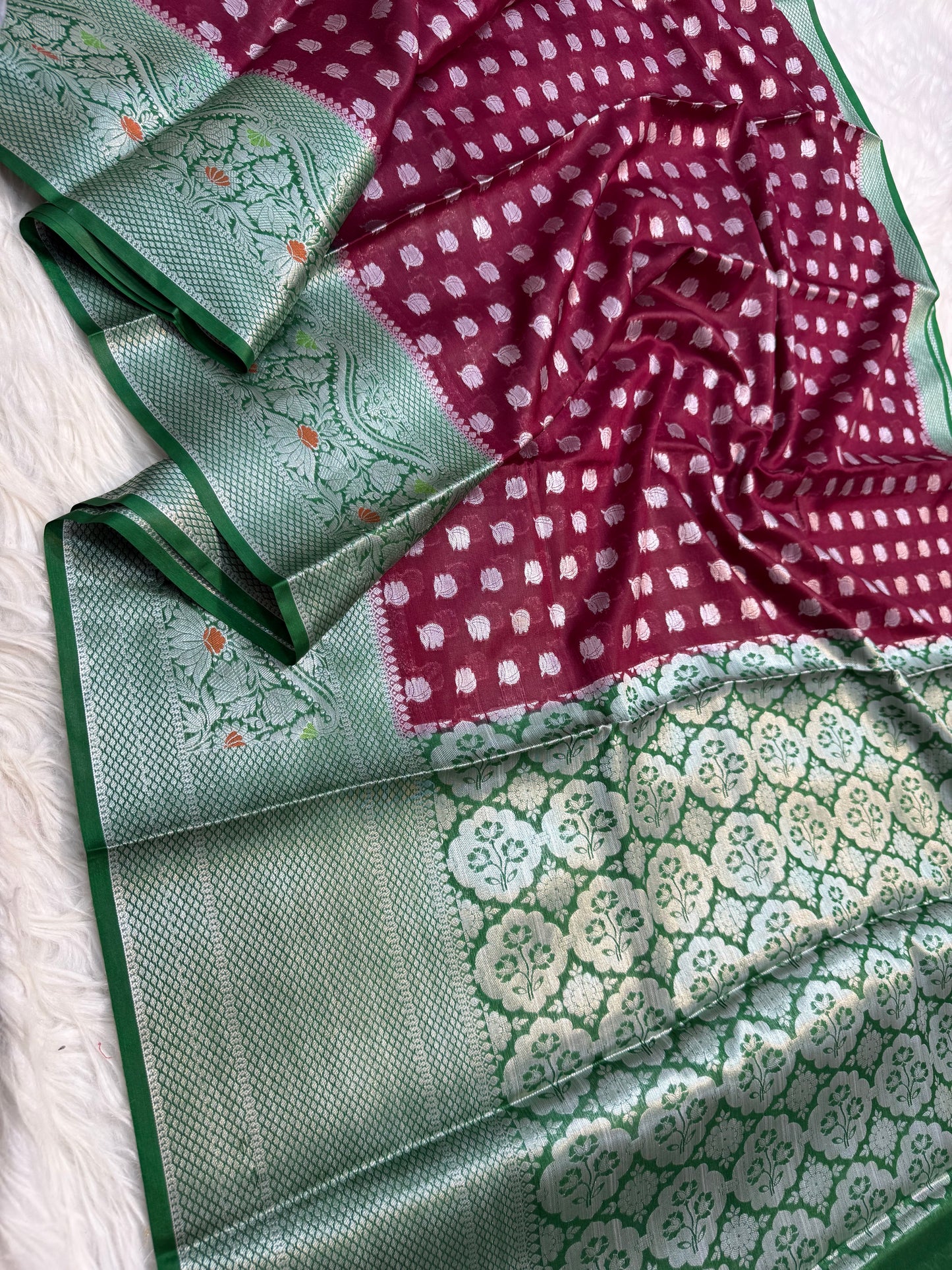 Maroon Bottle green  warm silk premium Banarasi saree