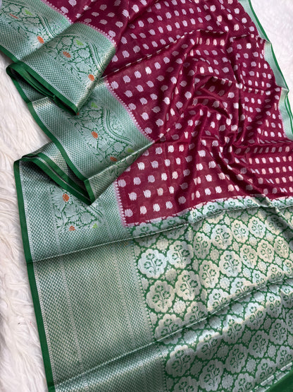 Maroon Bottle green  warm silk premium Banarasi saree