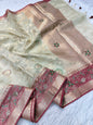 Beige red shade tissue kota zardosi work premium Banarasi saree