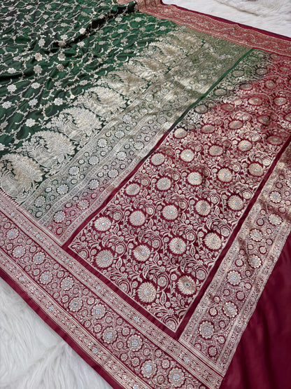 Bottle green & maroon shade Bridal Satan katan ari & stone work Banarasi silk Saree