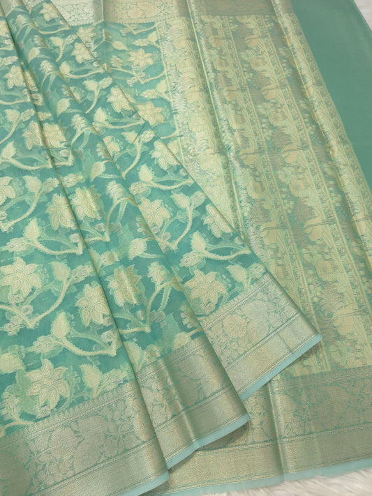 Sea green shade kora organza Banarasi saree