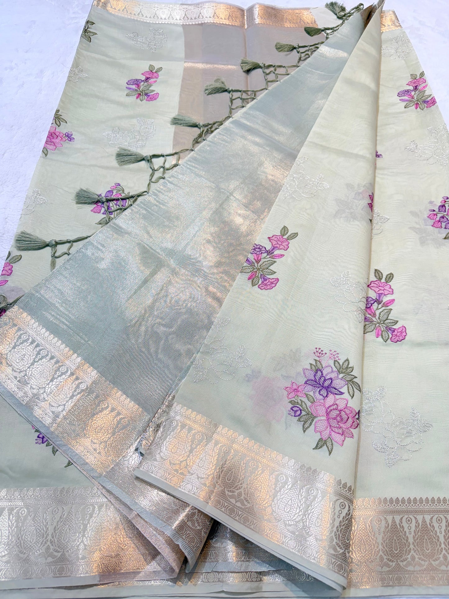 Pista green shade soft silk designer  premium embroidery Banarasi saree