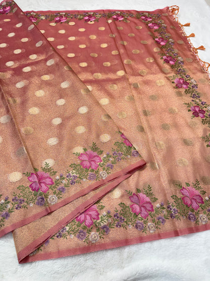 Peach shade tissue cutwork embroidery premium designer Banarasi saree