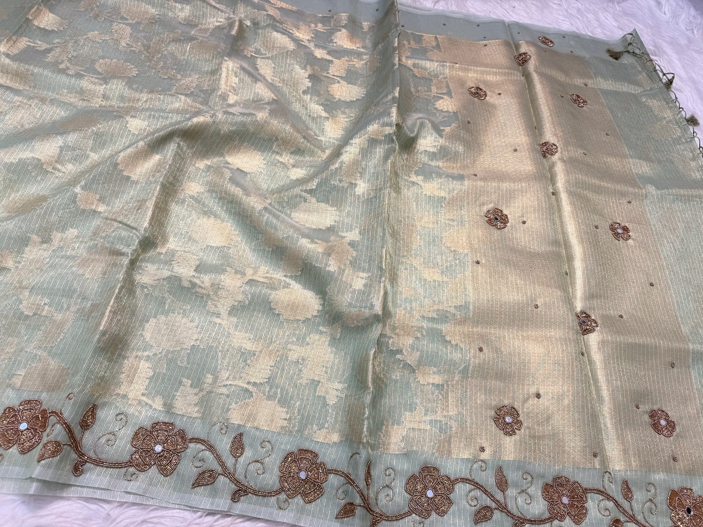 Sea green shade tissue kota designer handwork premium Banarasi saree