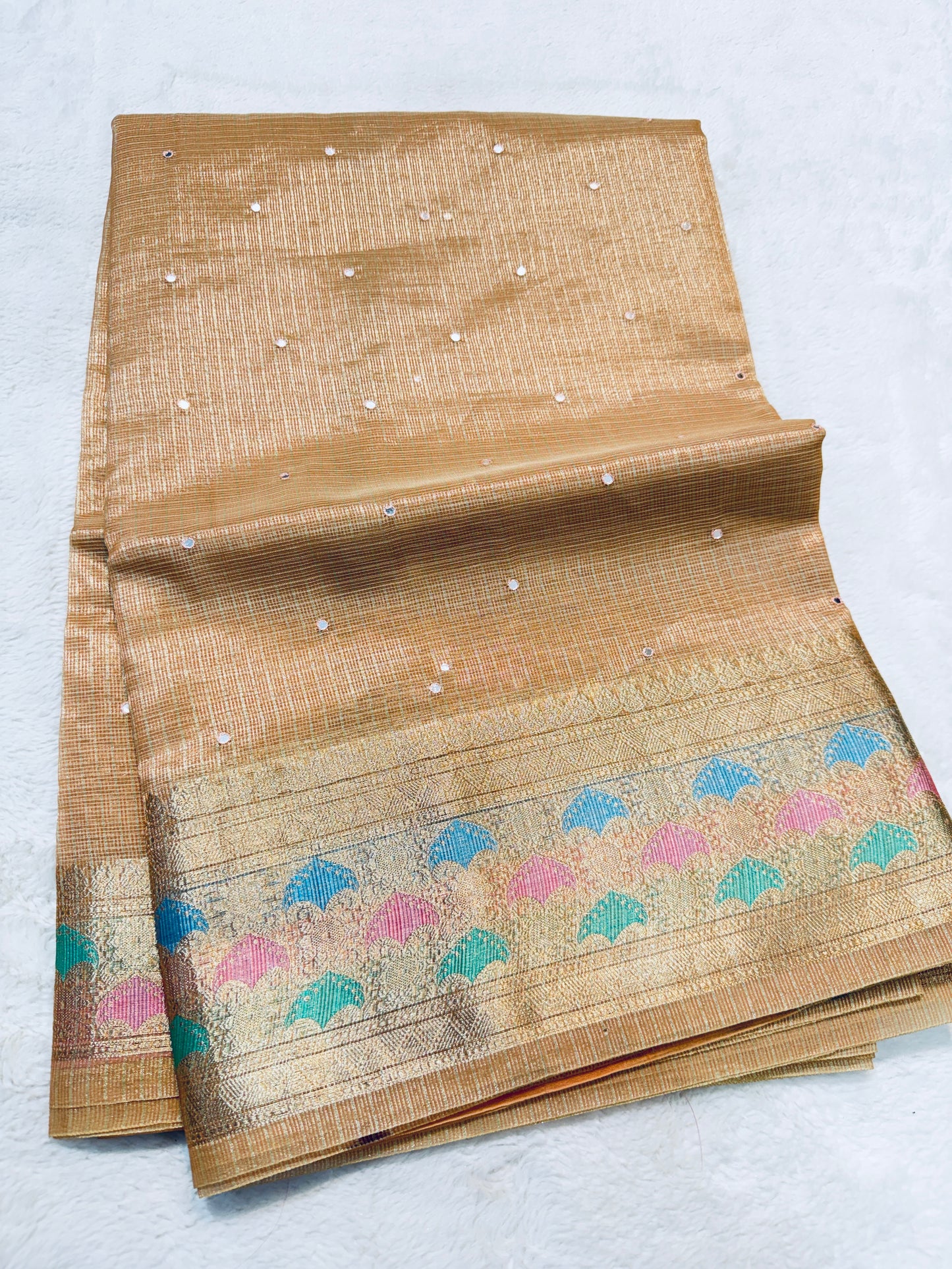 Peach shade tissue kota mirror work premium Banarasi saree