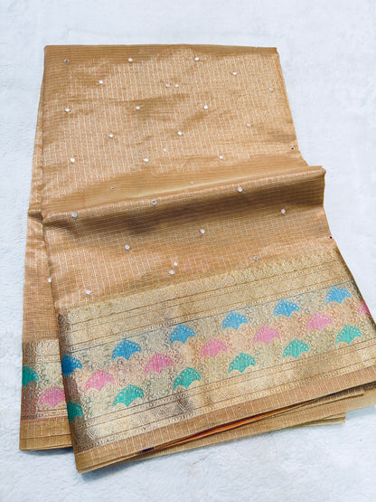 Peach shade tissue kota mirror work premium Banarasi saree