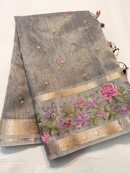 Greay shade tissue linen designer embroidery premium Banarasi saree