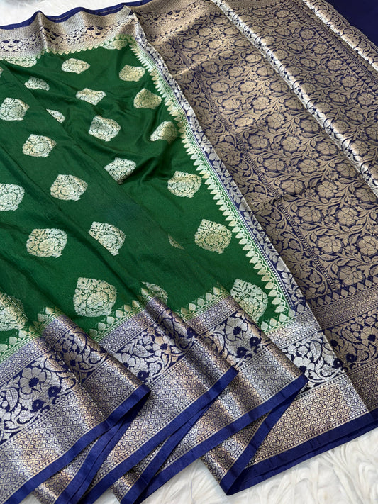 Bottel green nevy shade Dupion Silk premium Banarasi Saree