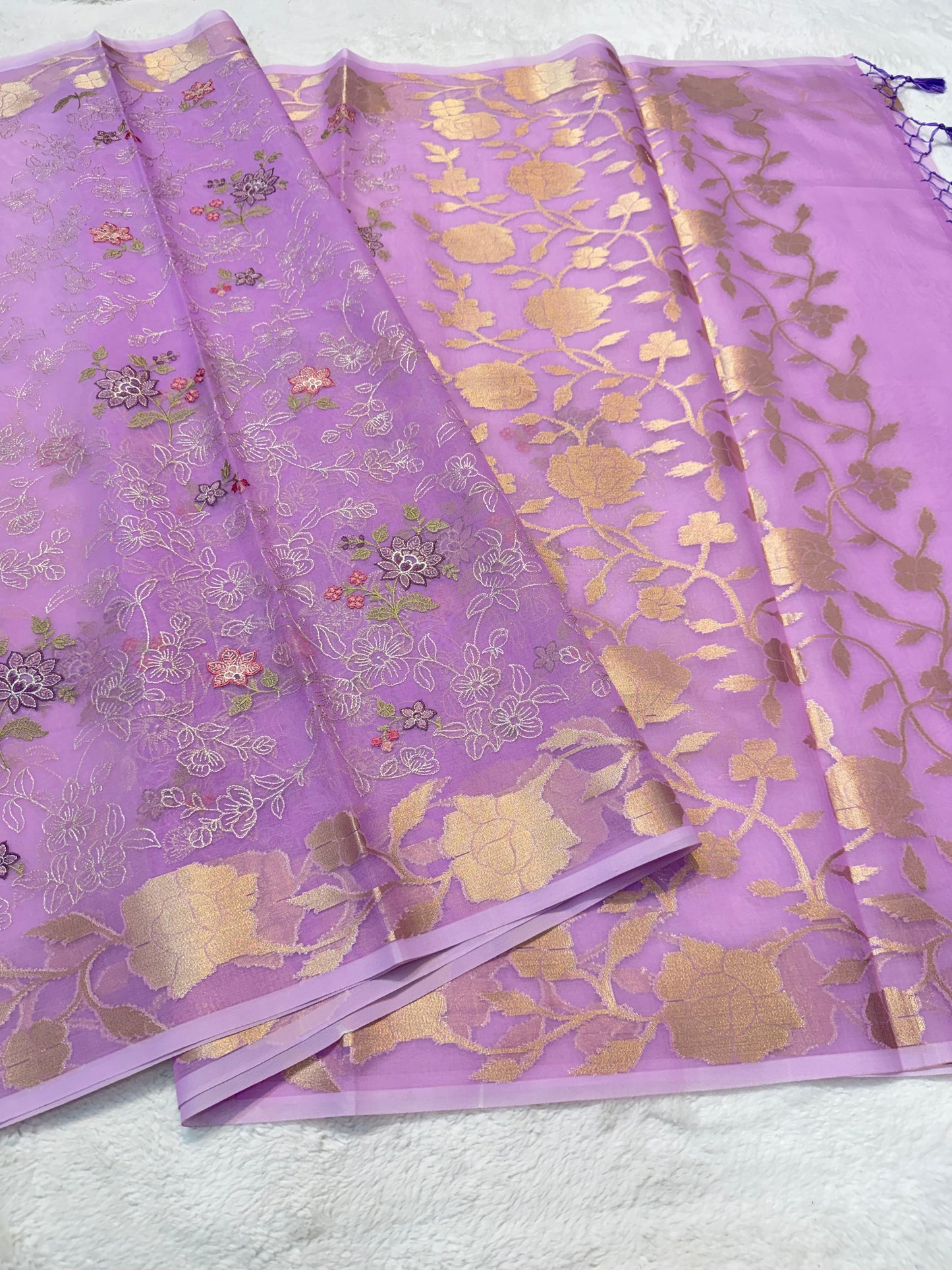 Lavender shade organza designer  embroidery premium Banarasi saree