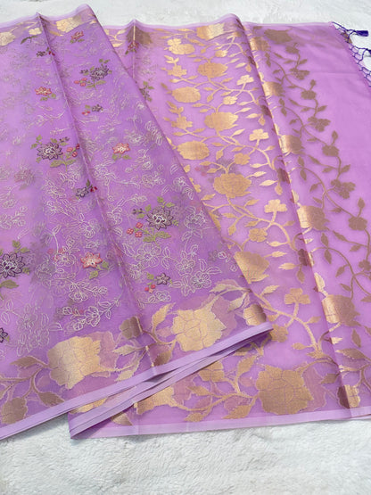 Lavender shade organza designer  embroidery premium Banarasi saree