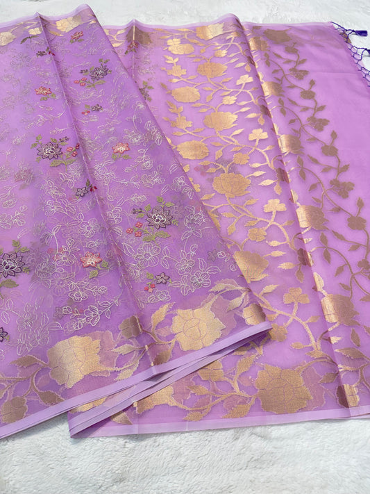 Lavender shade organza designer  embroidery premium Banarasi saree