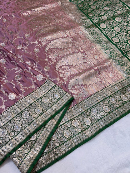 Rose gold shade Bridal Satan katan ari & stone work Banarasi silk Saree